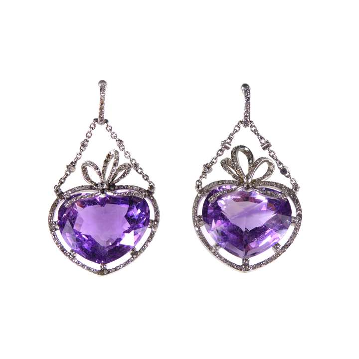 Pair of antique amethyst and diamond cluster heart pendant earrings